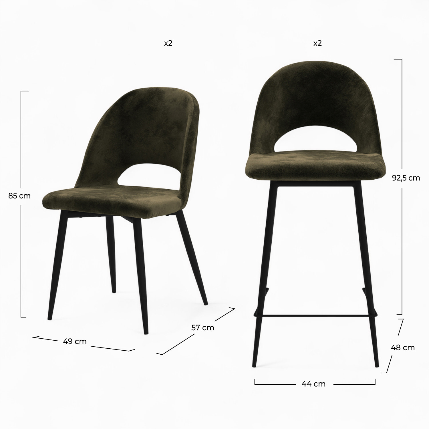Pack 2 chaises et 2 chaises de bar 65 cm en velours vert - Pénélope