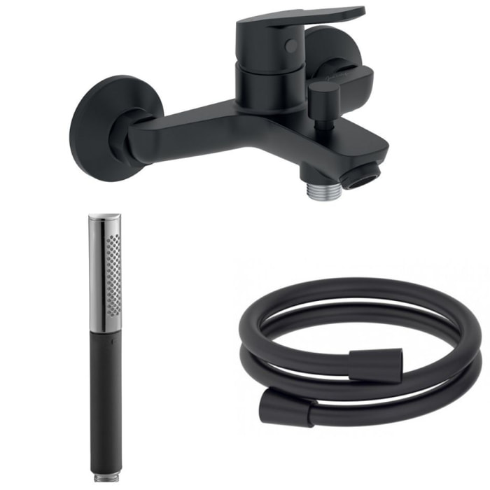 Pommeau de douche JACOB DELAFON stick Shift Ellipse noir et chromé + mitigeur bain douche Aimé noir + flexible