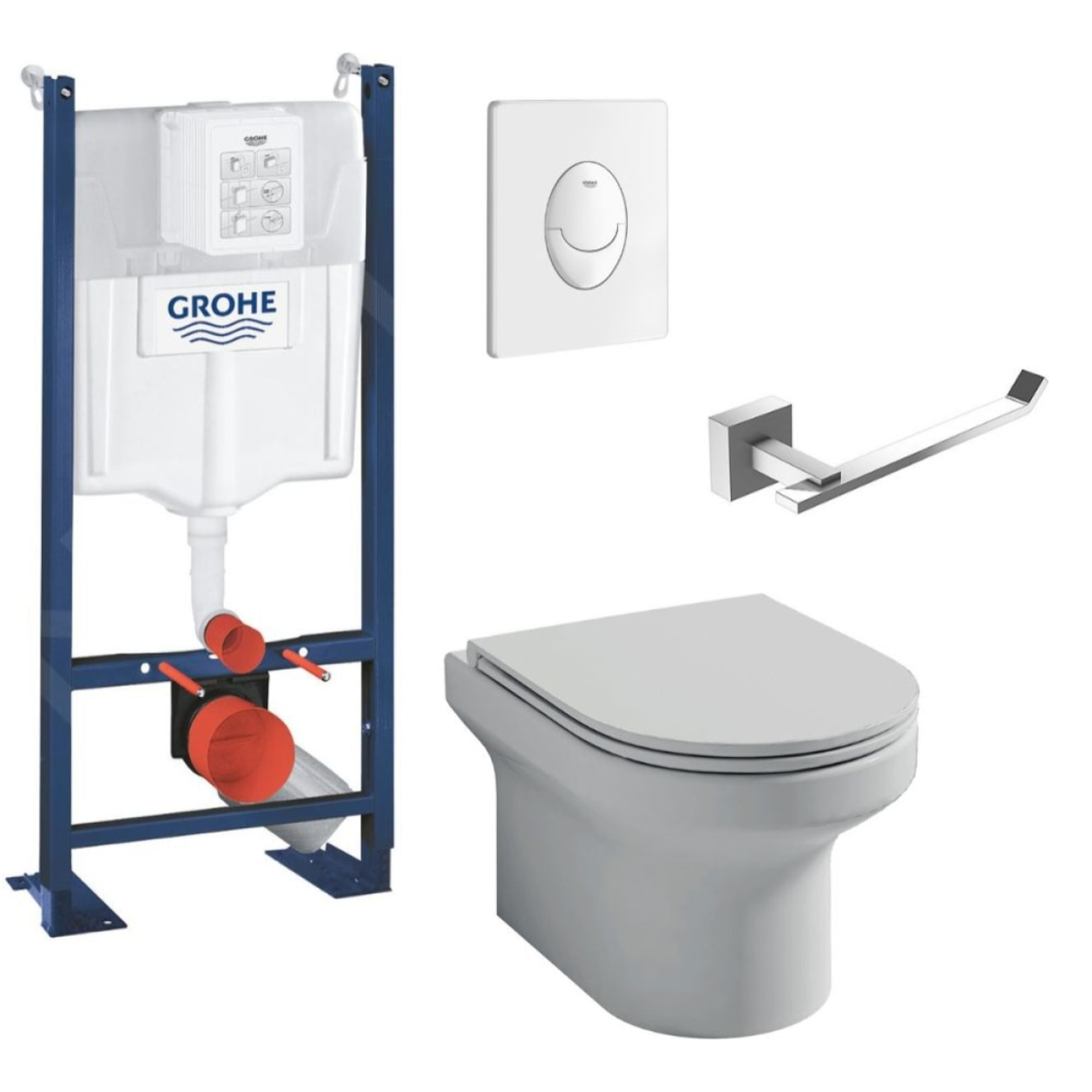 Pack WC suspendu sans bride Elite + Bâti support GROHE RapidSL + plaque blanc + Porte-rouleau carré