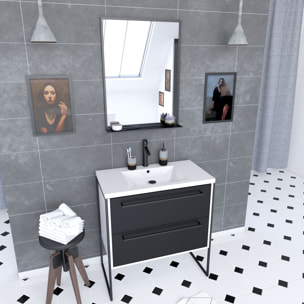 Pack meuble de salle de bain 80x50 Blanc - 2 tiroirs + vasque resine blanche + miroir noir mat