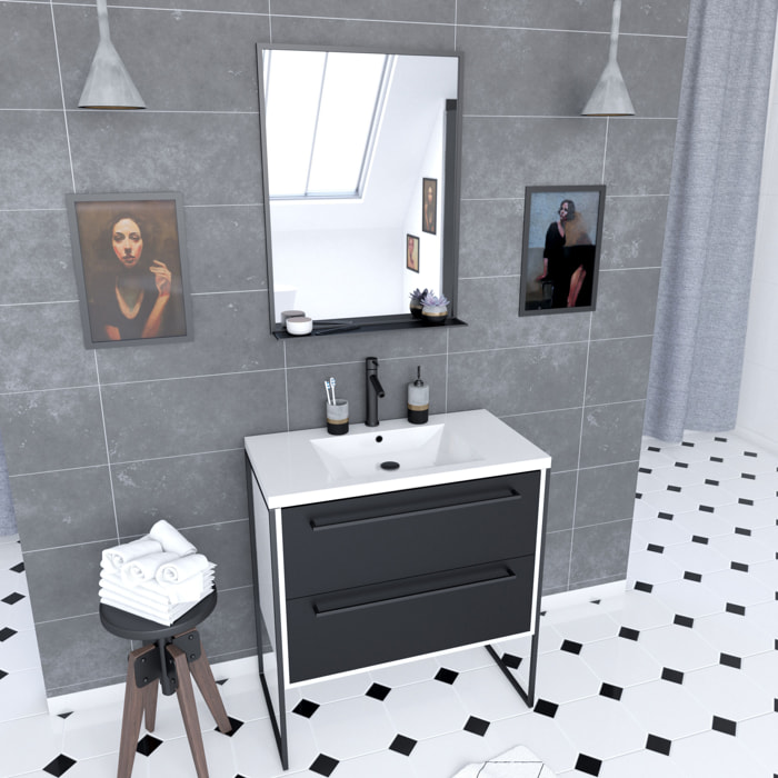 Pack meuble de salle de bain 80x50 Blanc - 2 tiroirs + vasque resine blanche + miroir noir mat