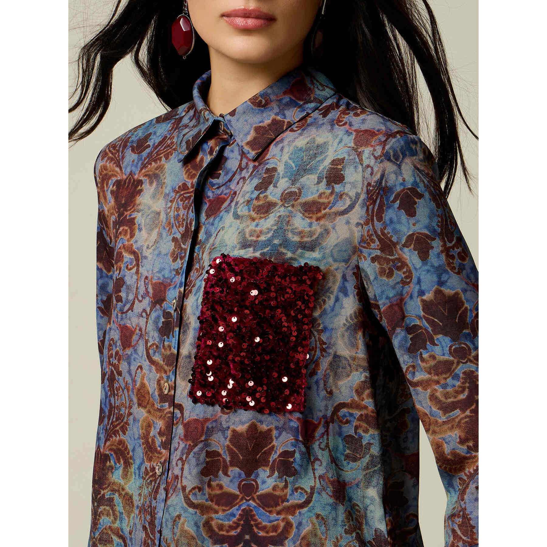 Oltre - Camicia fantasia con taschino in paillettes - Azzurro
