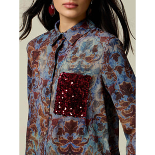 Oltre - Camicia fantasia con taschino in paillettes - Azzurro