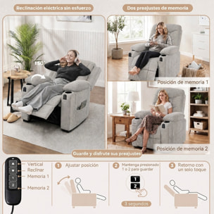 Sillón Relax Reclinable Eléctrico con Calor Lumbar y Masaje Vibración, Sillón Masaje Relax, Motor Silencioso, Función Memoria, Asiento Ancho, Bolsillos, Portavasos, USB, Tela Terciopelo, Gris