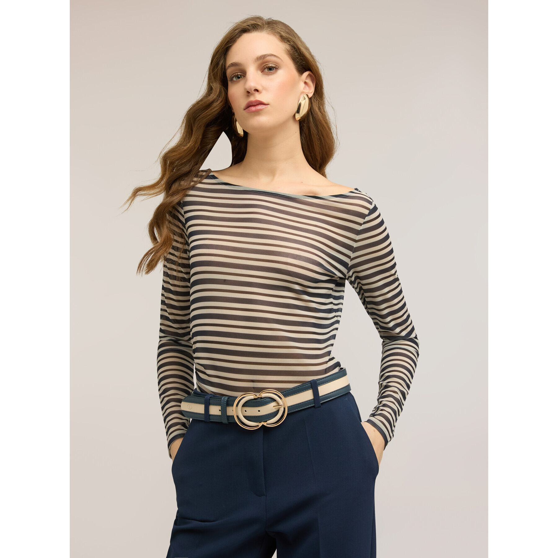 Motivi - T-shirt in tulle a righe con drappeggio - Blu