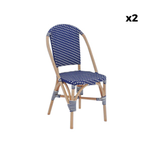 Lot de 2 chaises empilables bistrot en rotin et polyrotin bleu et blanc. L 48 x P 58 x H 90cm