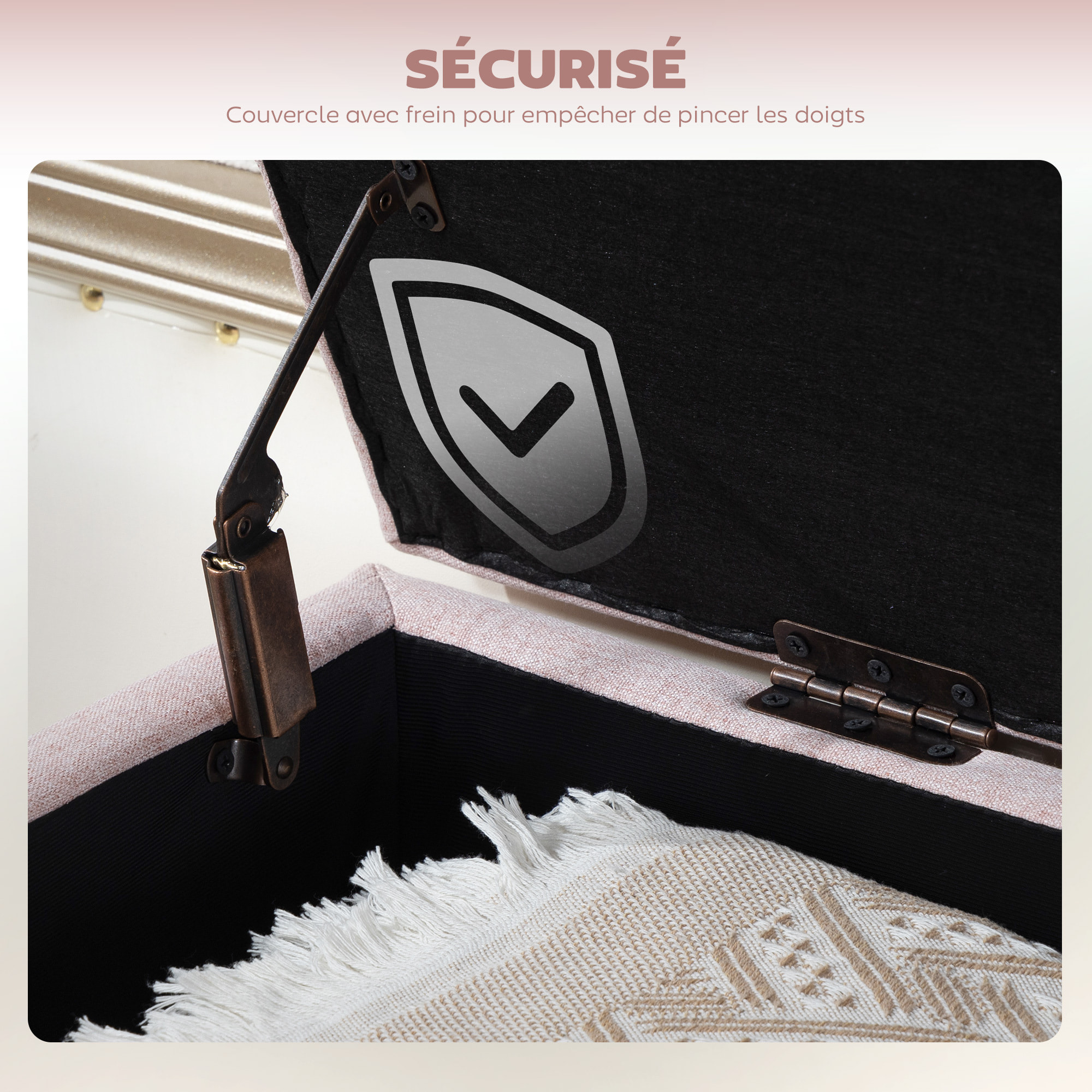 Banquette coffre de rangement 2 en 1 style scandinave dim. 110L x 39l x 45H cm tissu rose