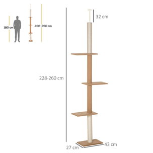 Árbol para Gatos del Suelo al Techo 43x27x228-260 cm Torre para Gatos con Altura Ajustable 4 Plataformas Espaciosas y Poste de Sisal Marrón