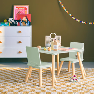 Table carrée enfant avec 2 chaises. pieds en pin. vert