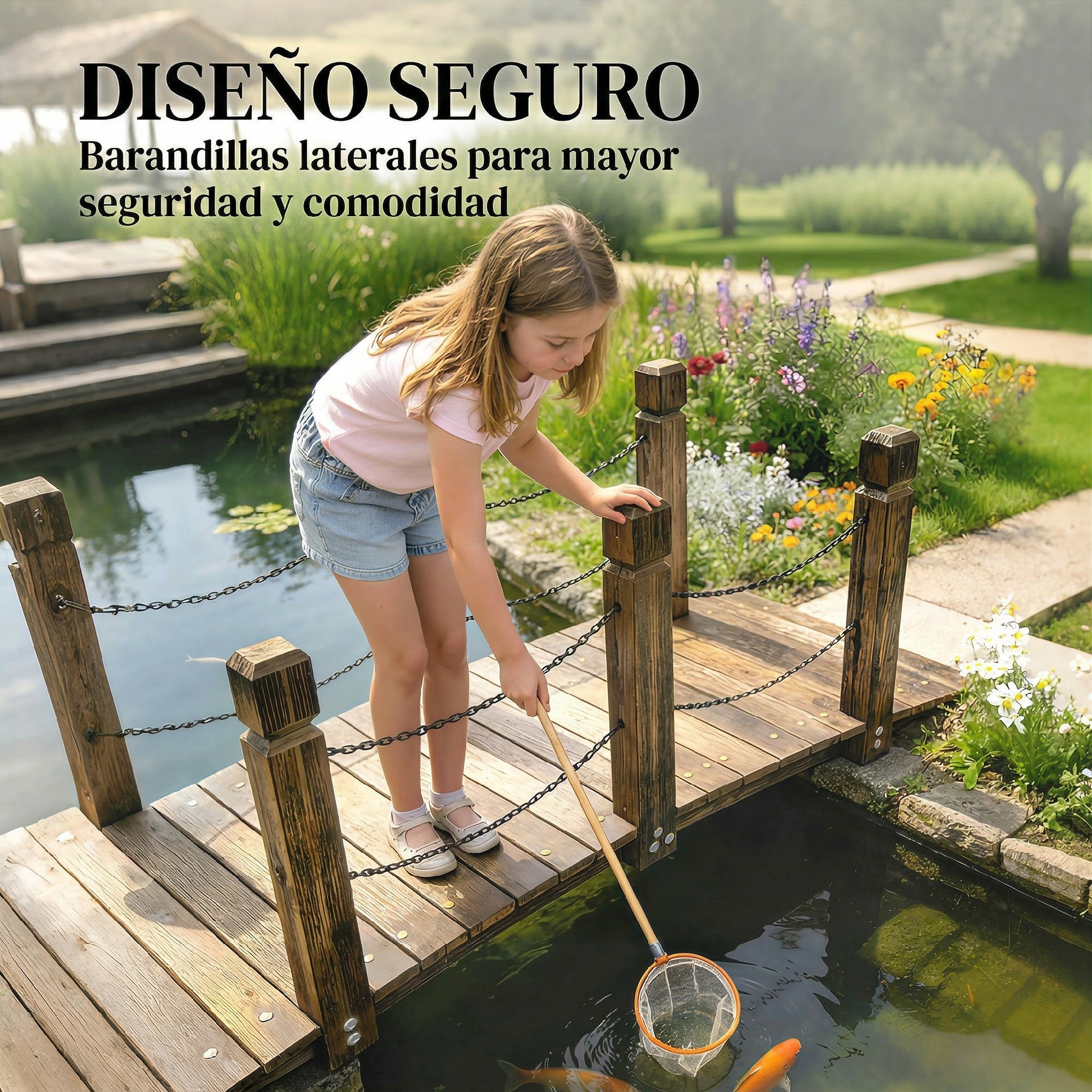 Puente de Jardín de Madera, 1,51 m, Puente Decorativo para Estanques Rústico con Barandillas de Seguridad, Carga 200 kg, Construcción Resistente, Carbonizado
