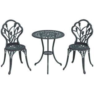 Ensemble salon de jardin 2 places 2 chaises + table ronde fonte d'aluminium imitation fer forgé noir effet vieilli
