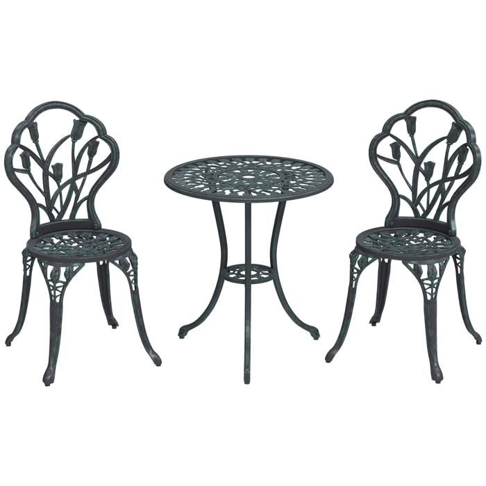 Ensemble salon de jardin 2 places 2 chaises + table ronde fonte d'aluminium imitation fer forgé noir effet vieilli
