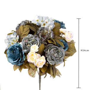 Bouquet Composta Da Rose E Ortensie. Altezza 34 Cm - Pezzi 1 - 18X34X18cm - Colore: Blu - Bianchi Dino - Fiori Artificiali