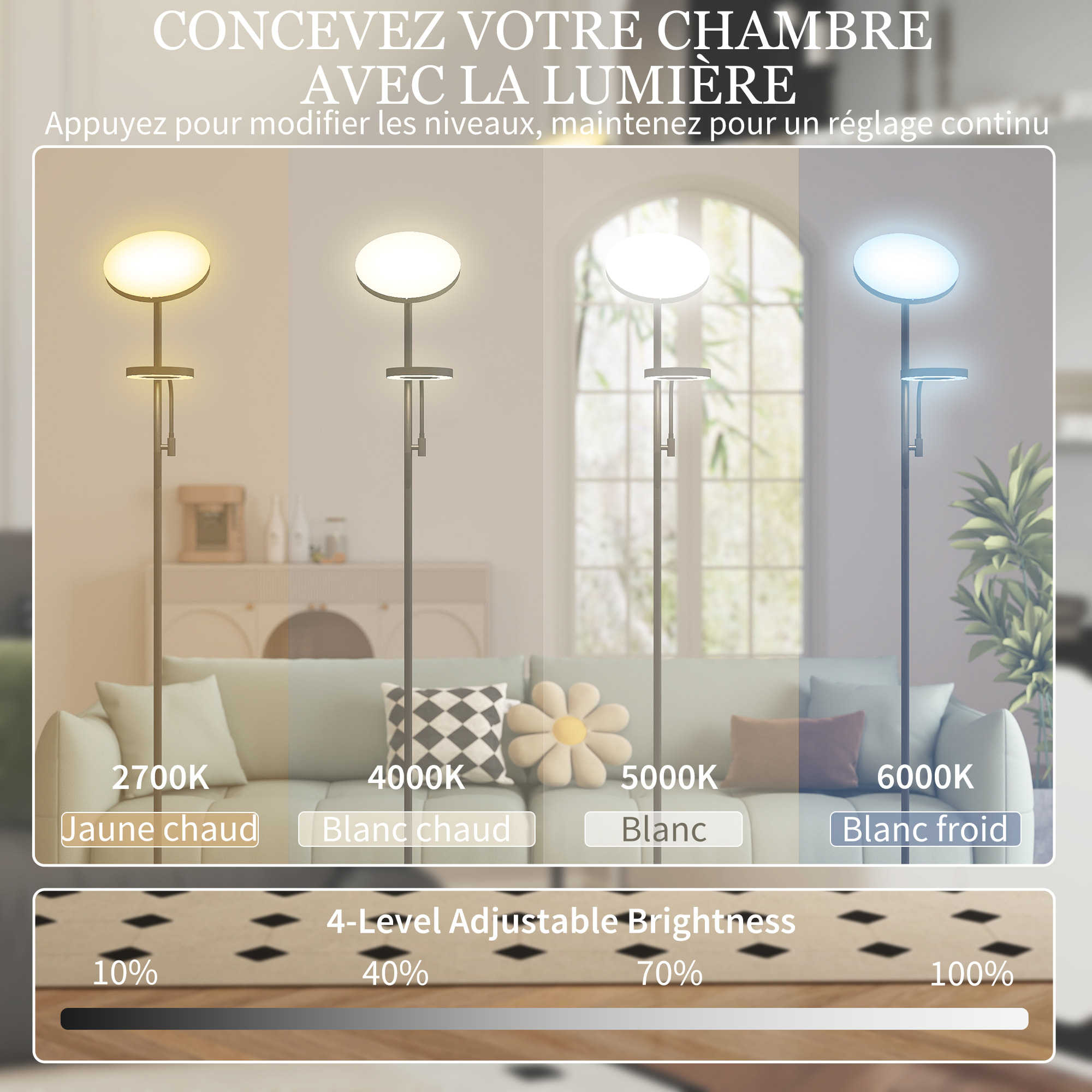 Lampadaire LED 42W dimmable 2700K-6500K 4 couleurs variation continue 4 modes scène télécommande noir