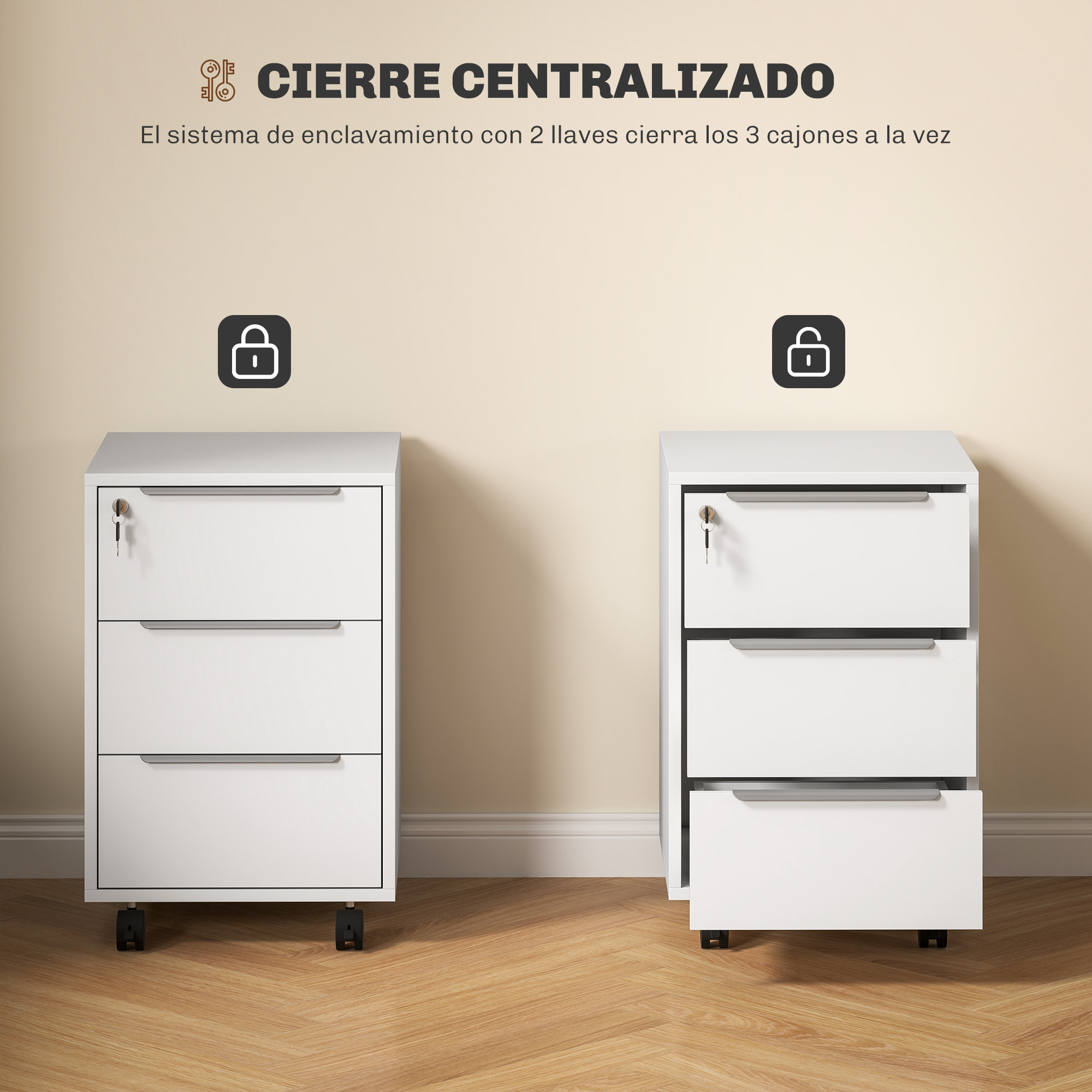 Cajonera de Escritorio con 3 Cajones Cajonera de Oficina con Ruedas Cerradura y 2 Llaves Archivador Móvil para Estudio Salón 40x40x63,5 cm Blanco