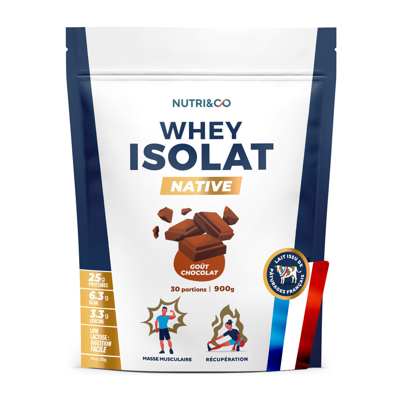 Nutri&Co Protéines Whey Isolat Native 94% en poudre - 900gr Goût Chocolat