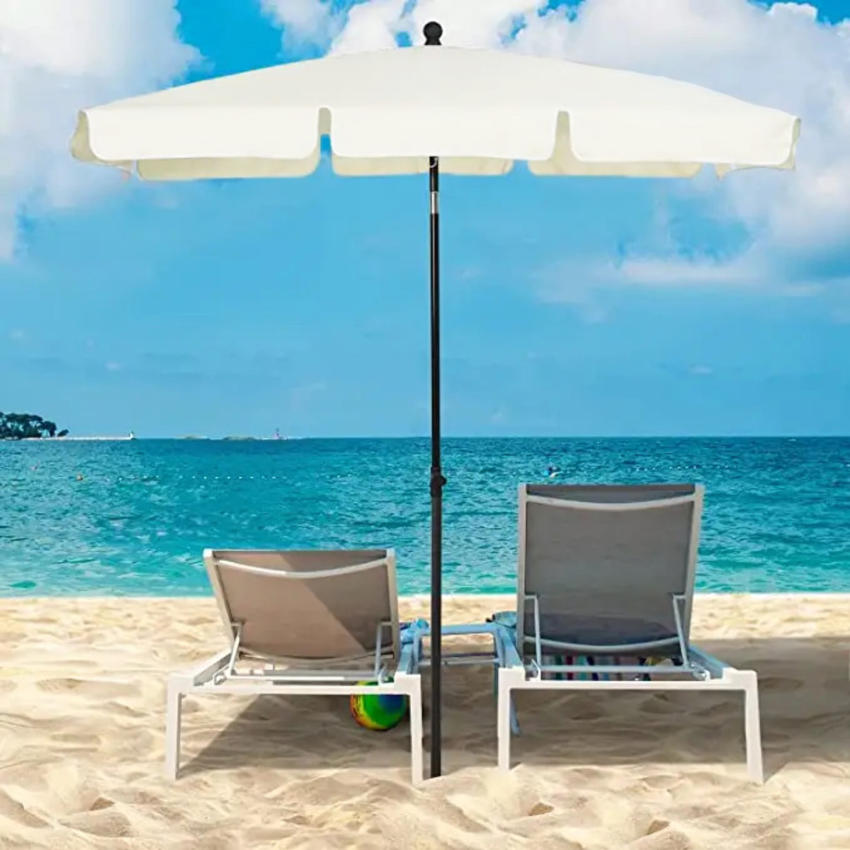 Ombrellone Rettangolare Da Giardino Parasole Balcone Inclinazione Regolabile Anti UV Impermeabile Per Mare Spiaggia Piscina Terrazzo 198x125 Cm Bianco