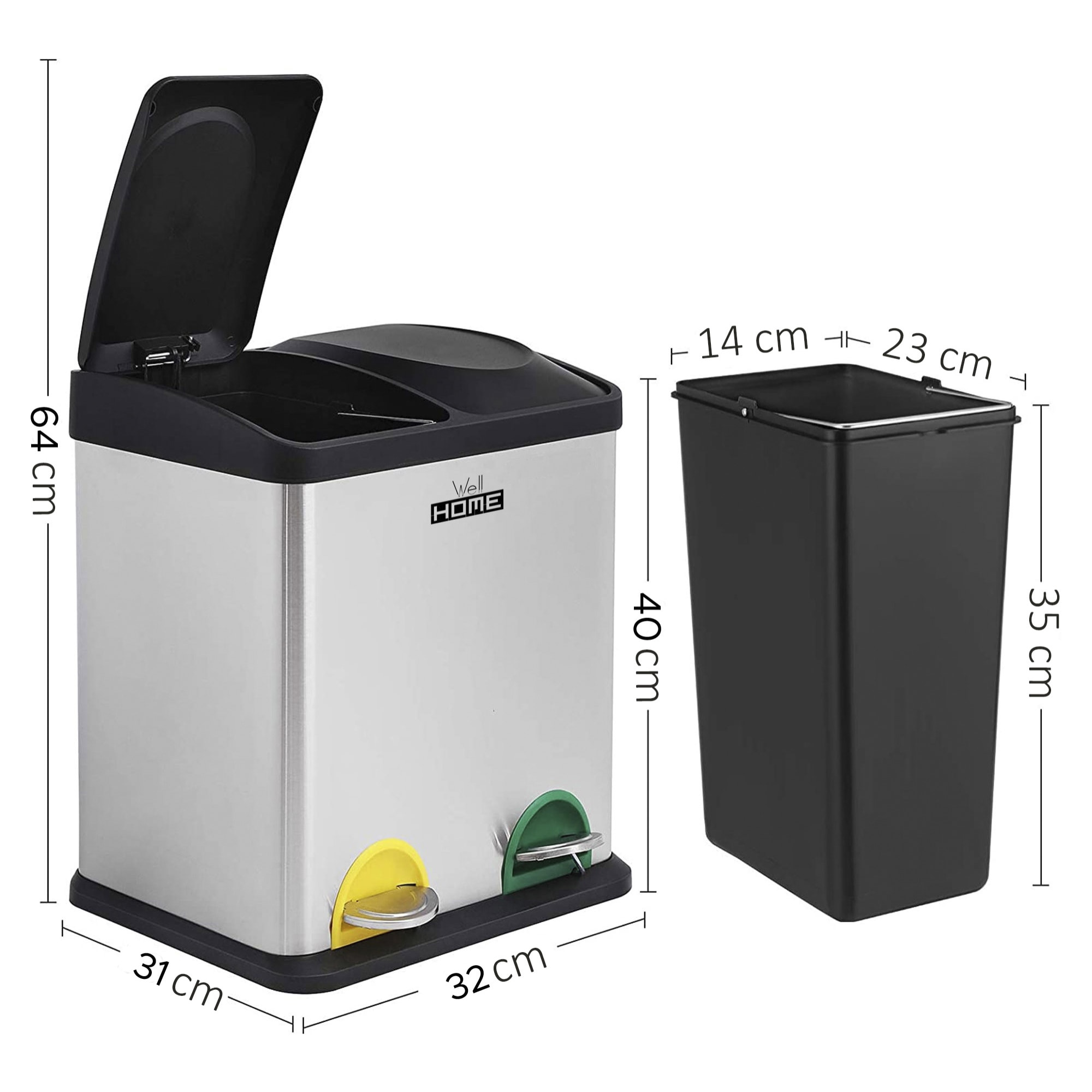 Cubo de reciclaje ecológico 16 litros de 2 compartimentos, reciclaje de basura / cubos de reciclaje, gran capacidad, para papel, vidrio y plástico