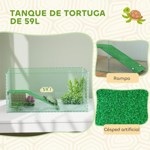 Acuario para Tortugas, Terrario de Tortugas con Plataforma y Rampa con Superficie de Césped Artificial, Vista Panorámica 360°, para Peces Pequeños, Camarones, 60x35x28 cm, Blanco