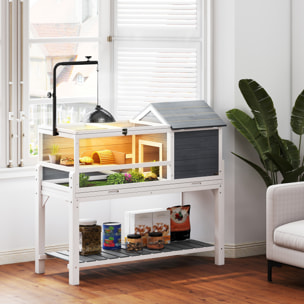 Casa para Tortugas de Madera, Terrario para Reptiles con Soporte para Lámpara Ajustable, Techos Abatibles, Bandeja Extraíble, Estante de Almacenaje y Paneles Transparentes, Caseta para Tortugas