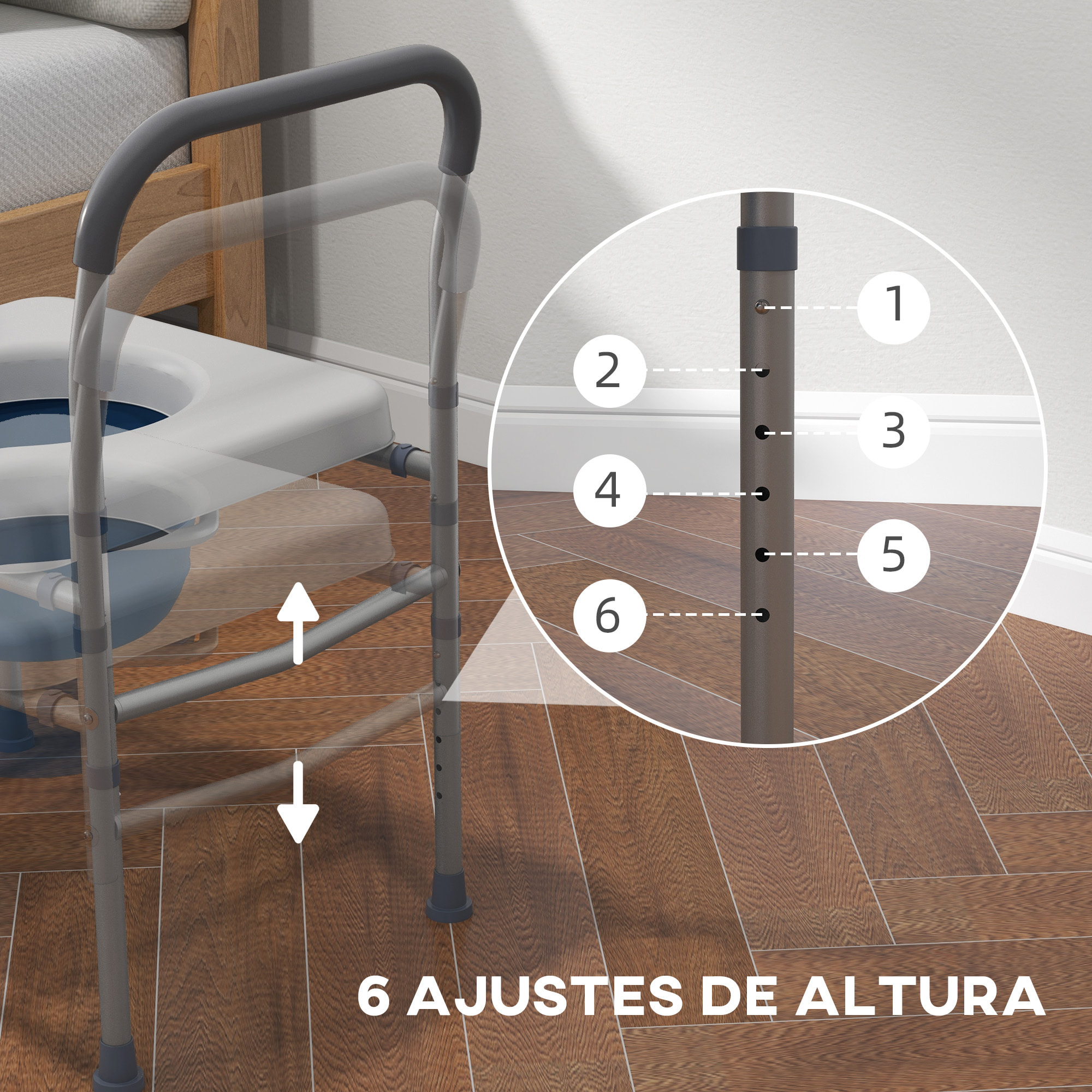 Silla WC Personas Mayores 4 en 1 Silla con Inodoro de Aluminio Silla de Ducha con Altura Ajustable y Almohadillas Antideslizantes Carga 136 kg para Discapacitados Embarazadas Gris