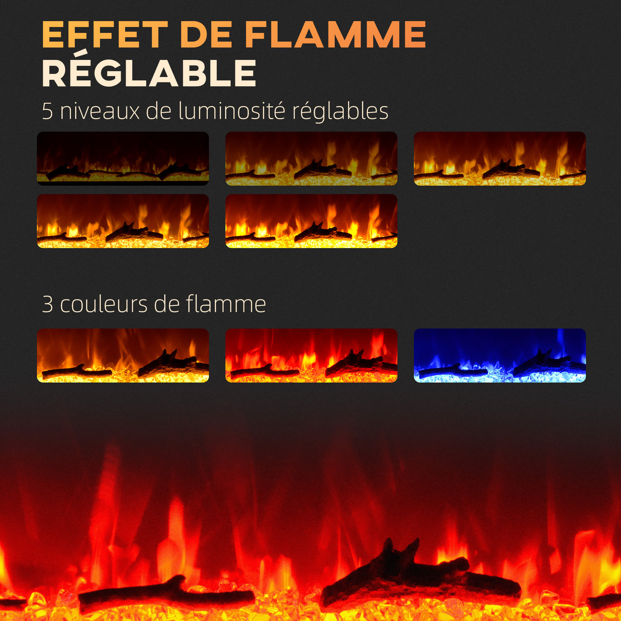 Cheminée électrique 1800W effets flammes LED 3D réglables - timer, thermostat, télécommande - noir