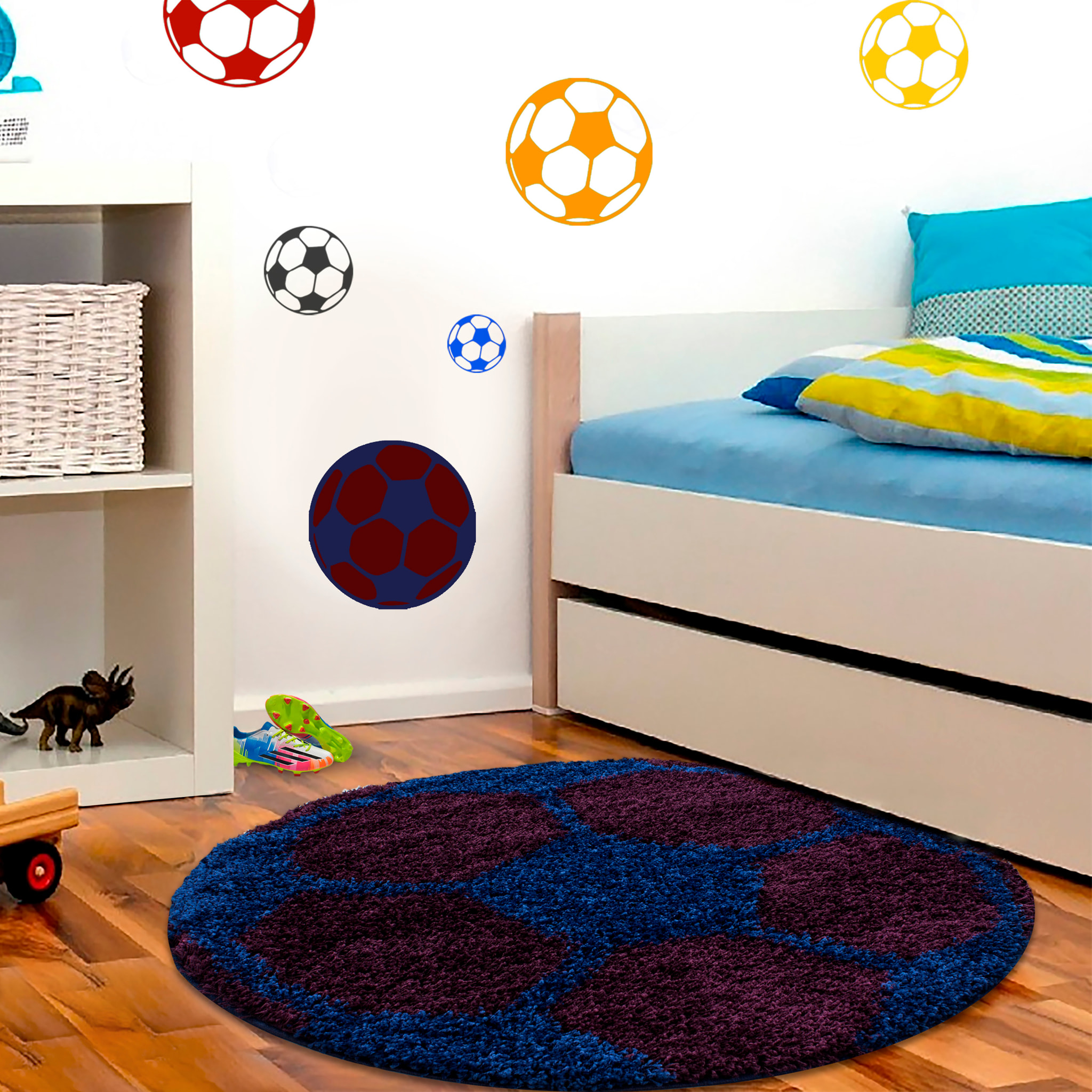 FUN - Tapis enfant shaggy rond à poils long motif ballon de foot bleu