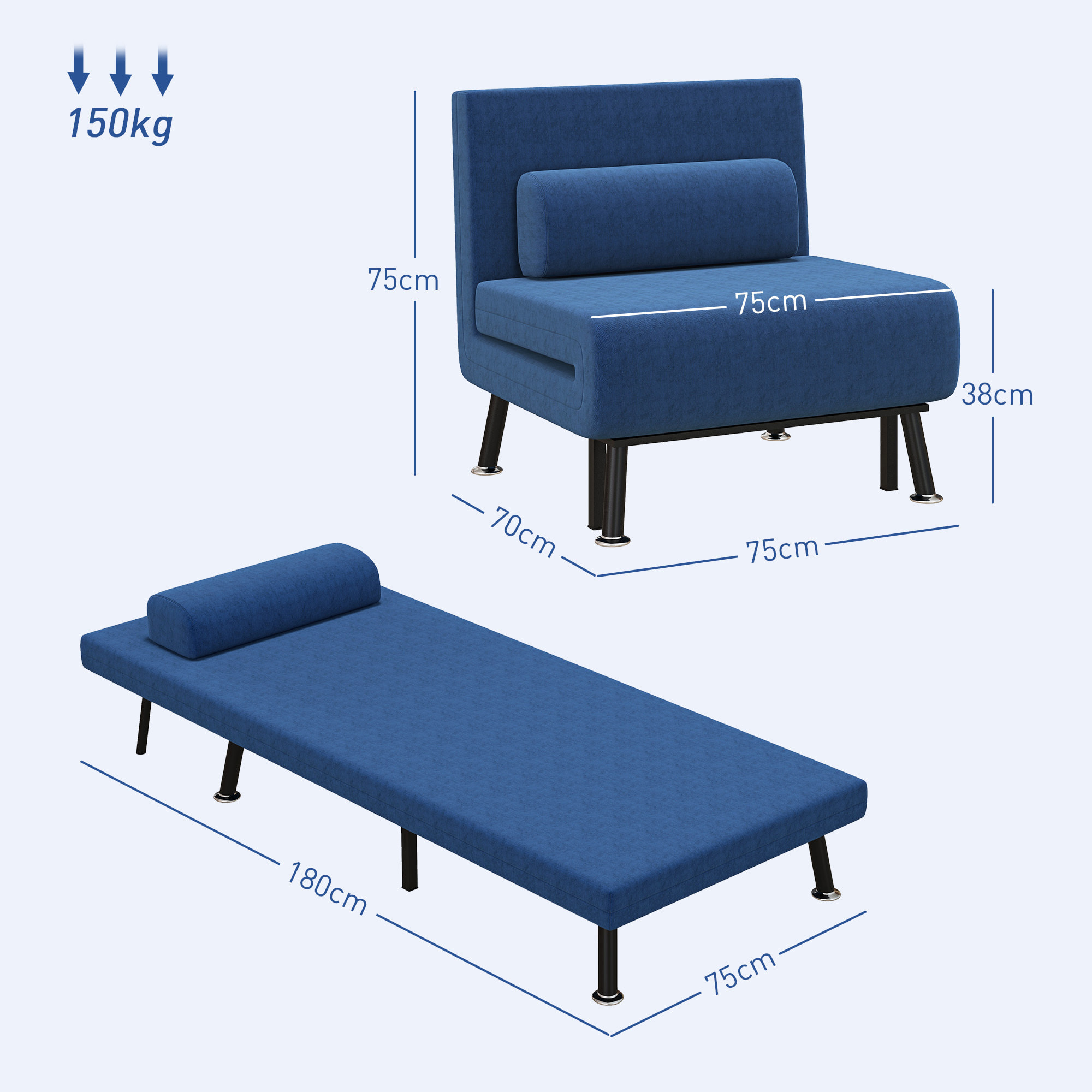 Sofá Cama de 1 Plaza 3 en 1 Sofá Cama Plegable Tapizado en Lino con Respaldo Ajustable de 5 Niveles y Almohada Acolchada para Oficina Dormitorio Salón 75x70x75 cm Azul Oscuro
