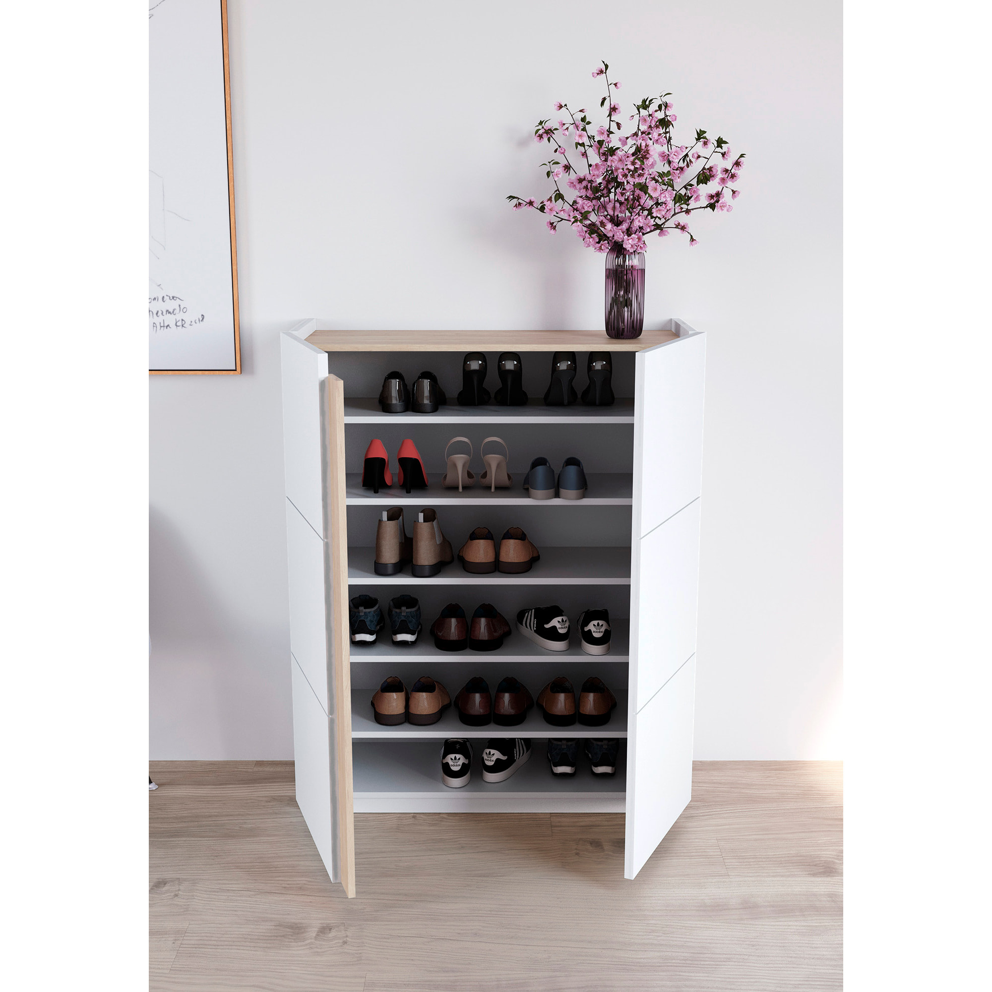 Zapatero Hessa melamina blanco detalle roble claro 122x95x35 cm