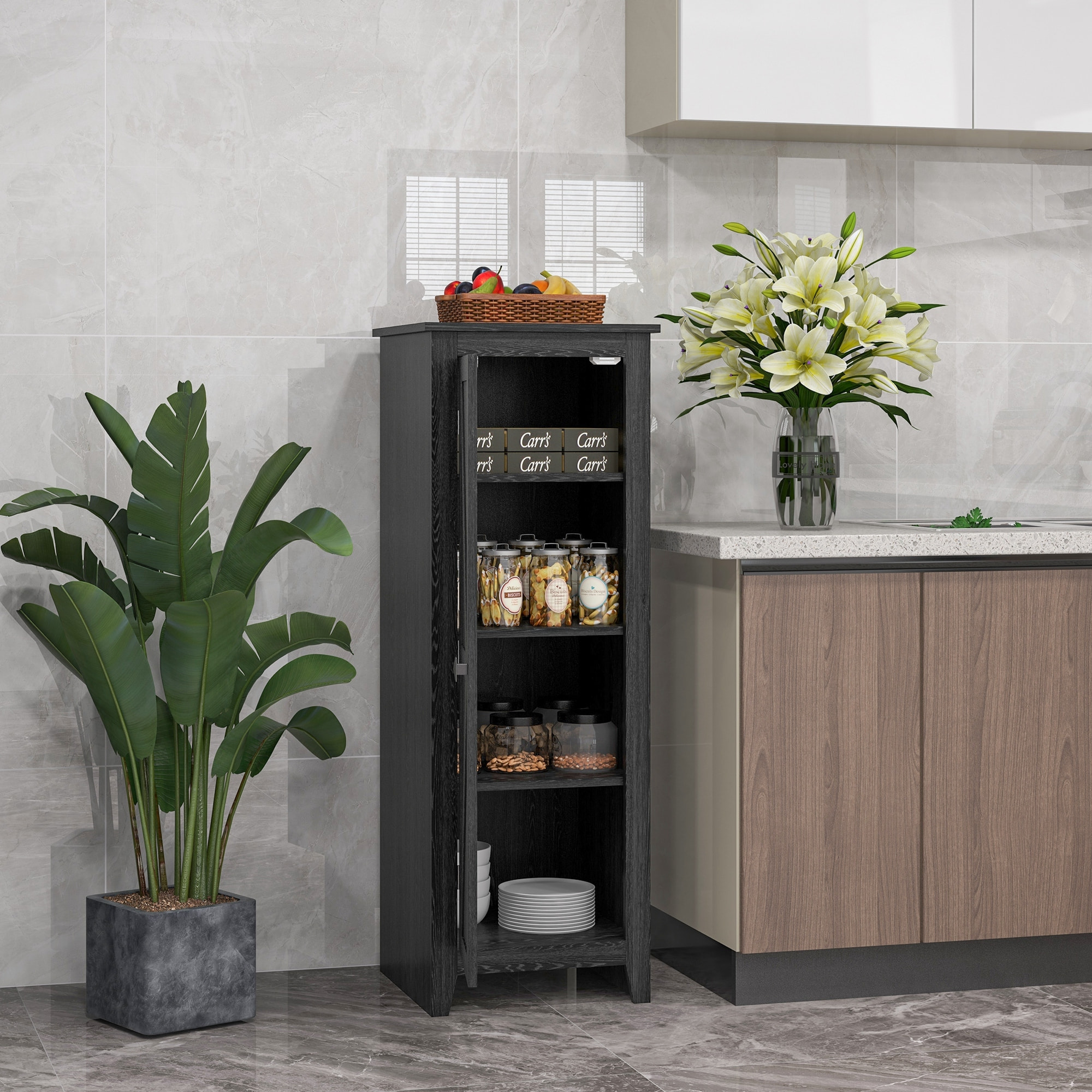 Armoire de cuisine style campagne chic porte 3 étagères réglables - dim. 43L x 40l x 121H cm - MDF noir