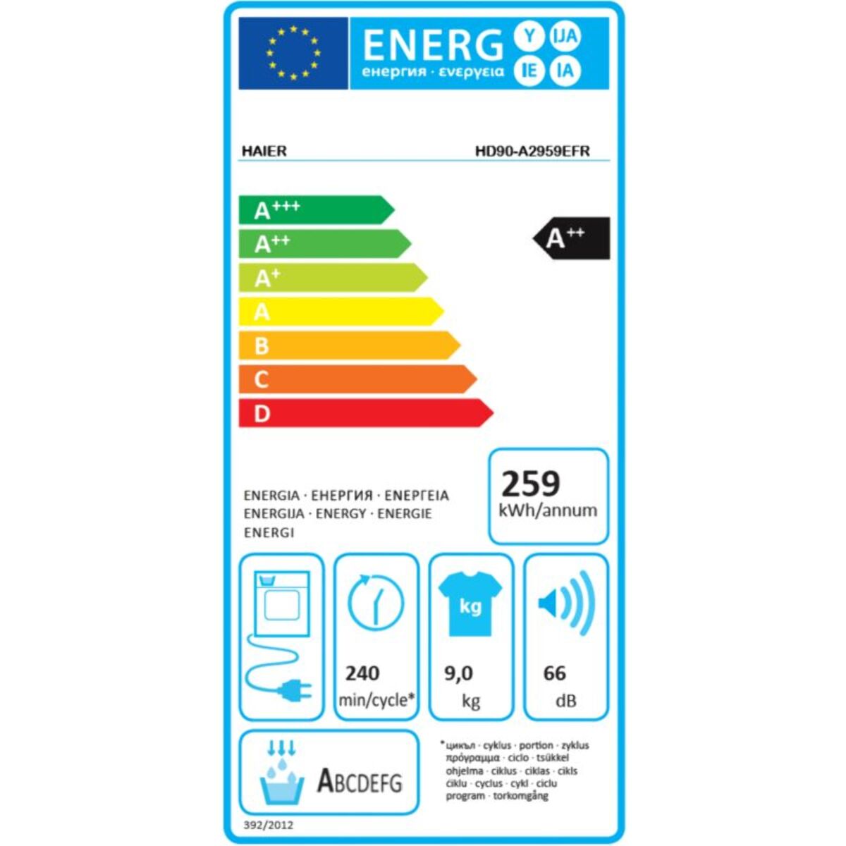 Sèche linge pompe à chaleur HAIER HD90-A2959EFR