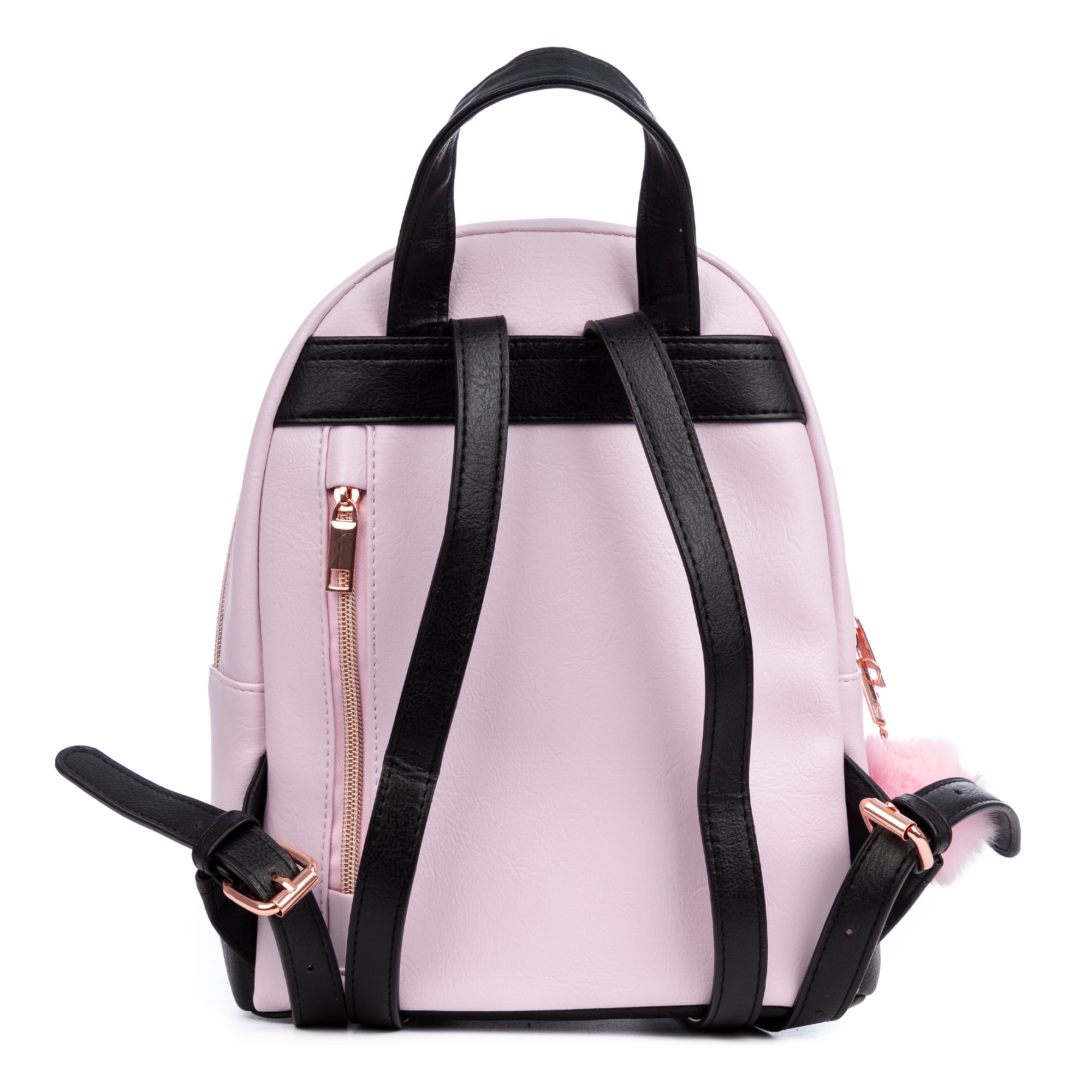 Mochila Rosa Stitch Premium. Espacioso compartimento principal con bolsillo delantero y trasero. Con accesorio pompom