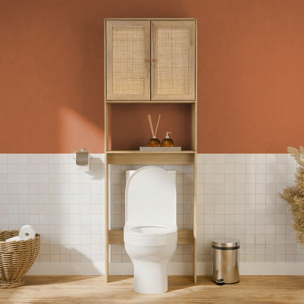 Etagère meuble WC décor bois et cannage BOHÈME