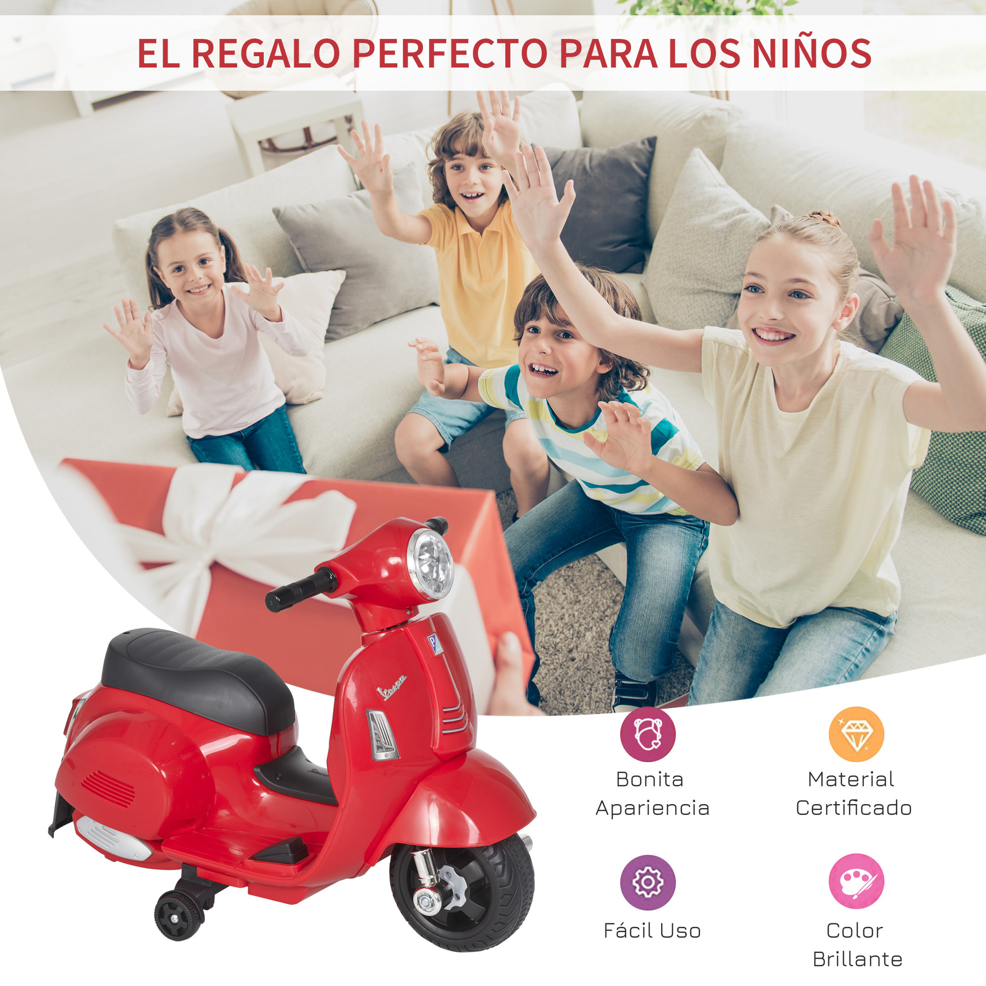 Moto Eléctrica Vespa para Niños 18-36 Meses con Faro Bocina y 4 Ruedas Rojo