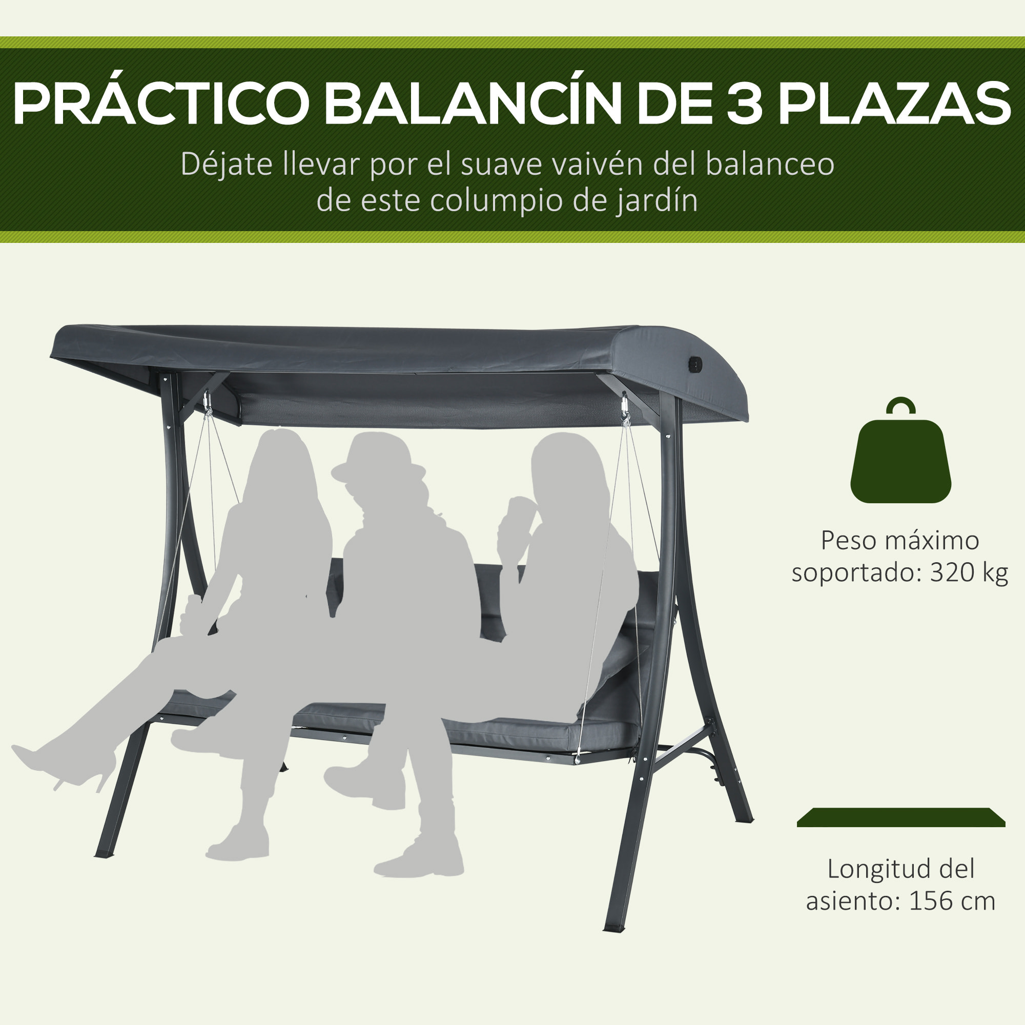 Columpio de Jardín de 3 Plazas Balancín para Exterior con Toldo Ajustable 3 Cojines y Marco de Acero para Terraza Patio Balcón Carga 320 kg 202x115x168 cm Gris