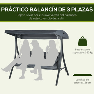 Columpio de Jardín de 3 Plazas Balancín para Exterior con Toldo Ajustable 3 Cojines y Marco de Acero para Terraza Patio Balcón Carga 320 kg 202x115x168 cm Gris