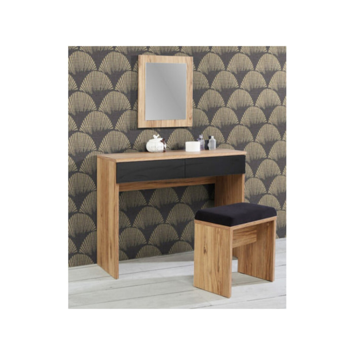 Ensemble coiffeuse en décor bois chêne avec miroir, table et banc - DAVID