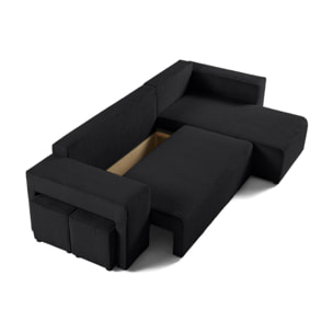 Topaze - canapé d'angle réversible 4 places - convertible avec coffre, tablette et poufs - en velours côtelé - Noir