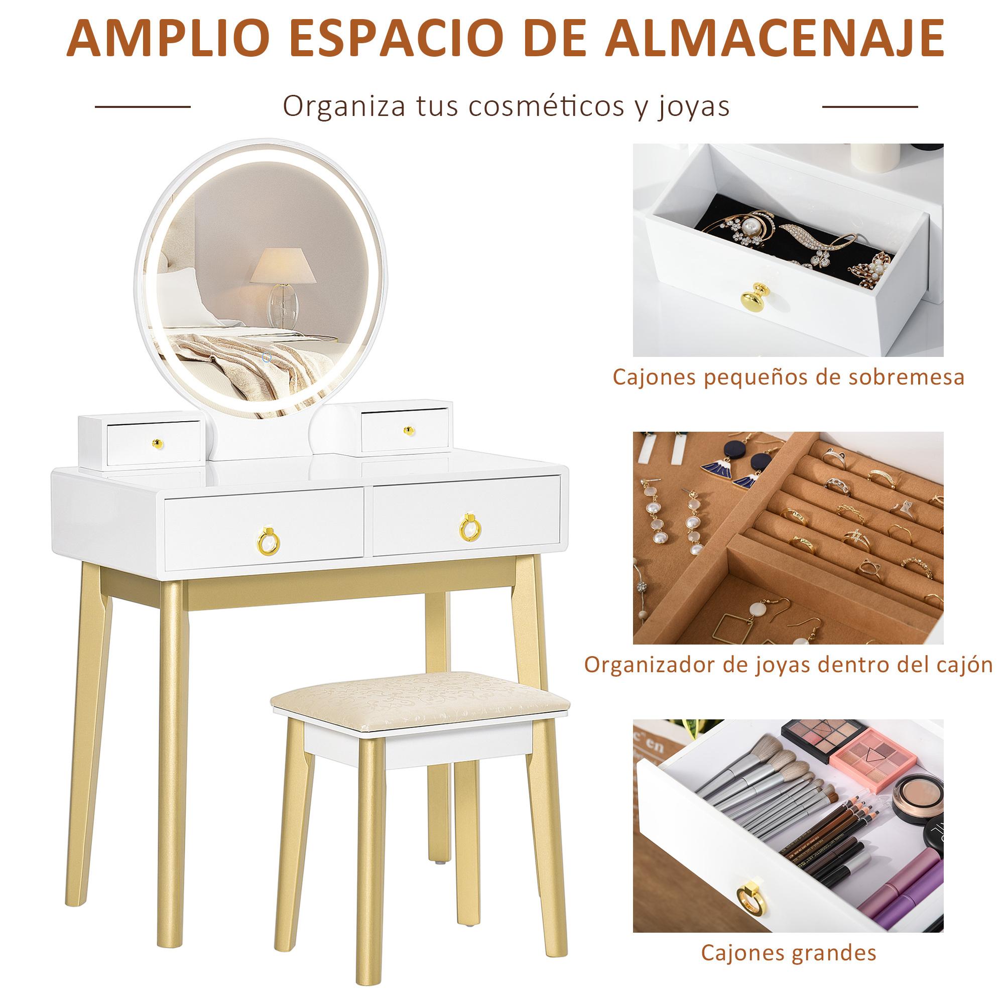 Tocador con Espejo con Luz LED Ajustable y Taburete Juego de Mesa de Maquillaje con 4 Cajones de Almacenaje para Dormitorio 80x40x133 cm Blanco