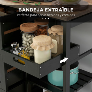 Carro de Cocina, Carrito Auxiliar con Ruedas, Tablero de Madera, 3 Cajones, 2 Estantes Abiertos y Bandeja Extraíble, para Comedor Salón, 67x37x85,5 cm, Negro