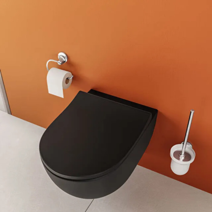 Pack WC suspendu sans bride Sento noir mat  + Abattant frein de chute + Bâti-support autoportant PRESTO + Plaque chromée