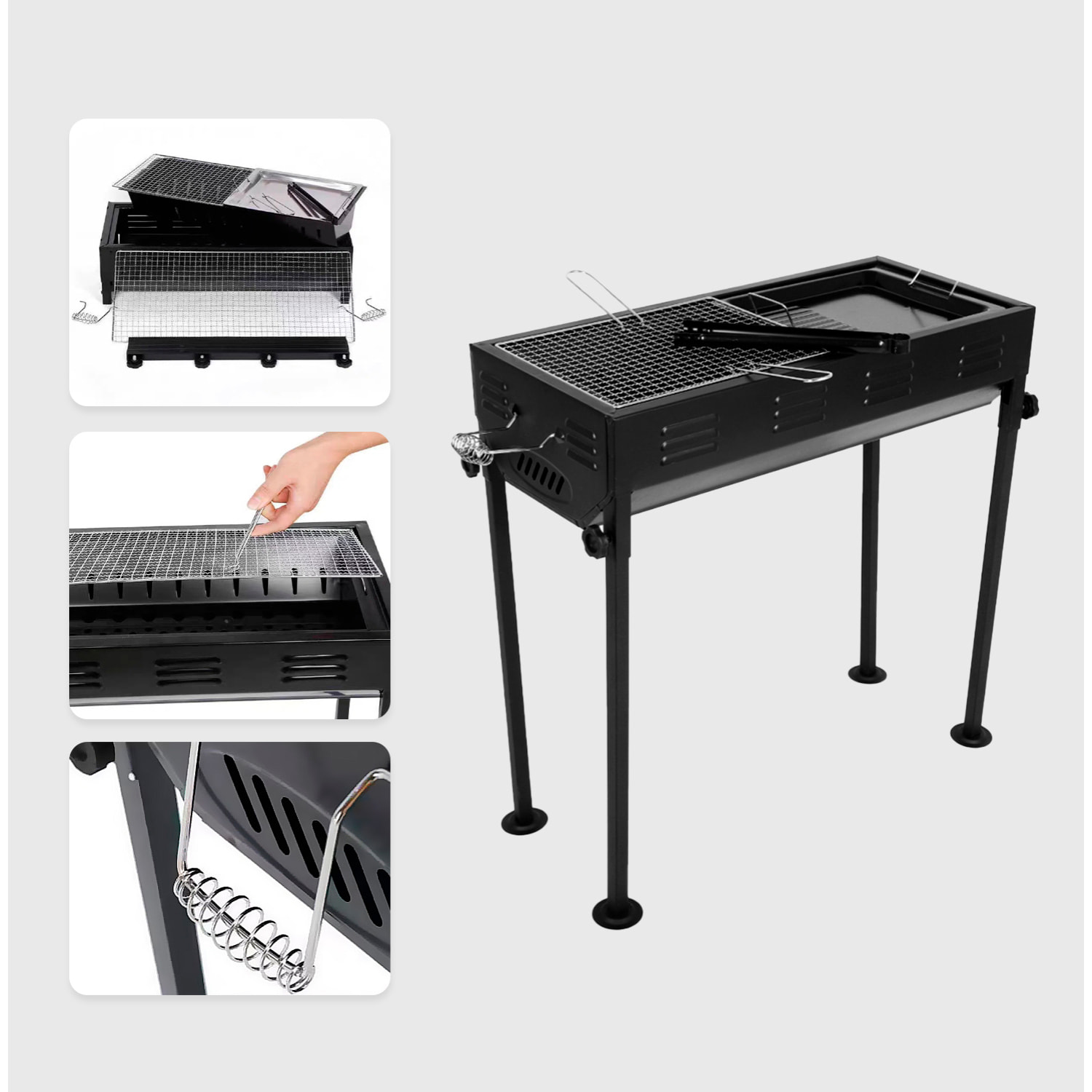 Barbecue portatile a carbone CA-03 in stile giapponese con altezza regolabile, 2 griglie e 1 teglia da forno.