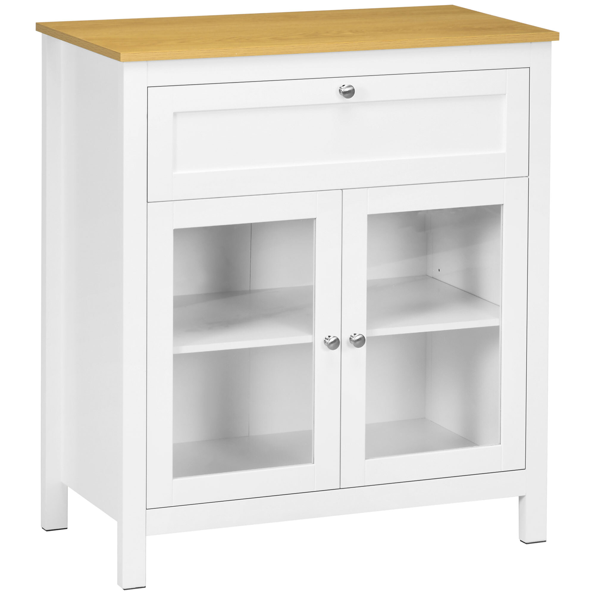 Aparador de Cocina Moderno Mueble Buffet Auxiliar con Cajón Estante Ajustable y 2 Puertas de Vidrio para Salón Comedor 80x40x90 cm Blanco