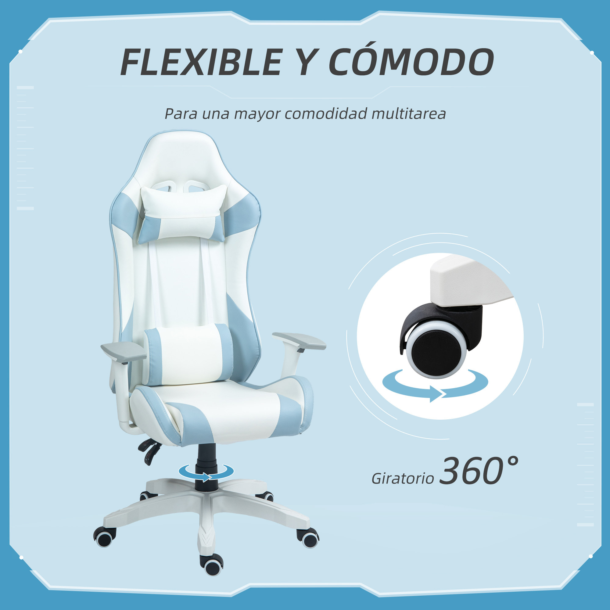 Silla Gaming Reclinable Silla Gamer Giratoria Silla de Oficina Basculante con Cojín Lumbar Reposabrazos 3D Reposacabezas Extraíble y Altura Ajustable 67x60x120-128 cm Blanco y Azul