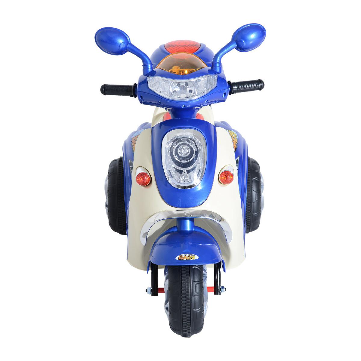 Moto scooter électrique pour enfants 6 V env. 3 Km/h 3 roues et topcase effet lumineux et sonore bleu