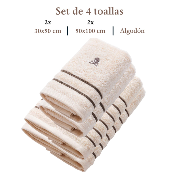 Set de 4 toallas: 2 de invitados (50x30) y 2 de lavabo (100x50) 100% algodón, 470 gsm, beige con rayas marrones scalpers home