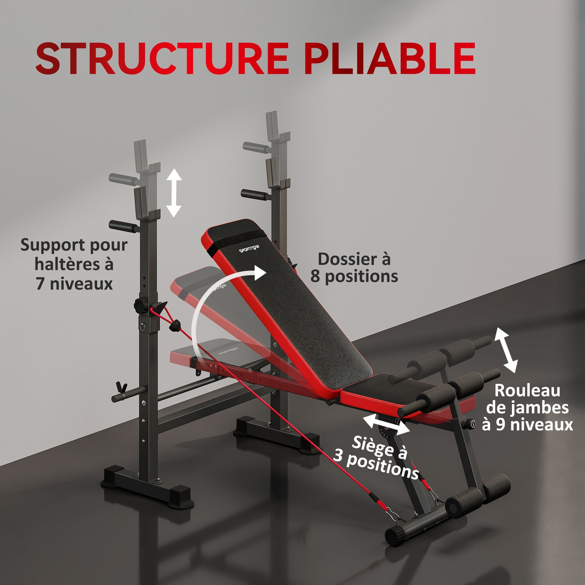 Banc de musculation réglable - support de barre, poignées à dips, bandes de résistance - rouge noir