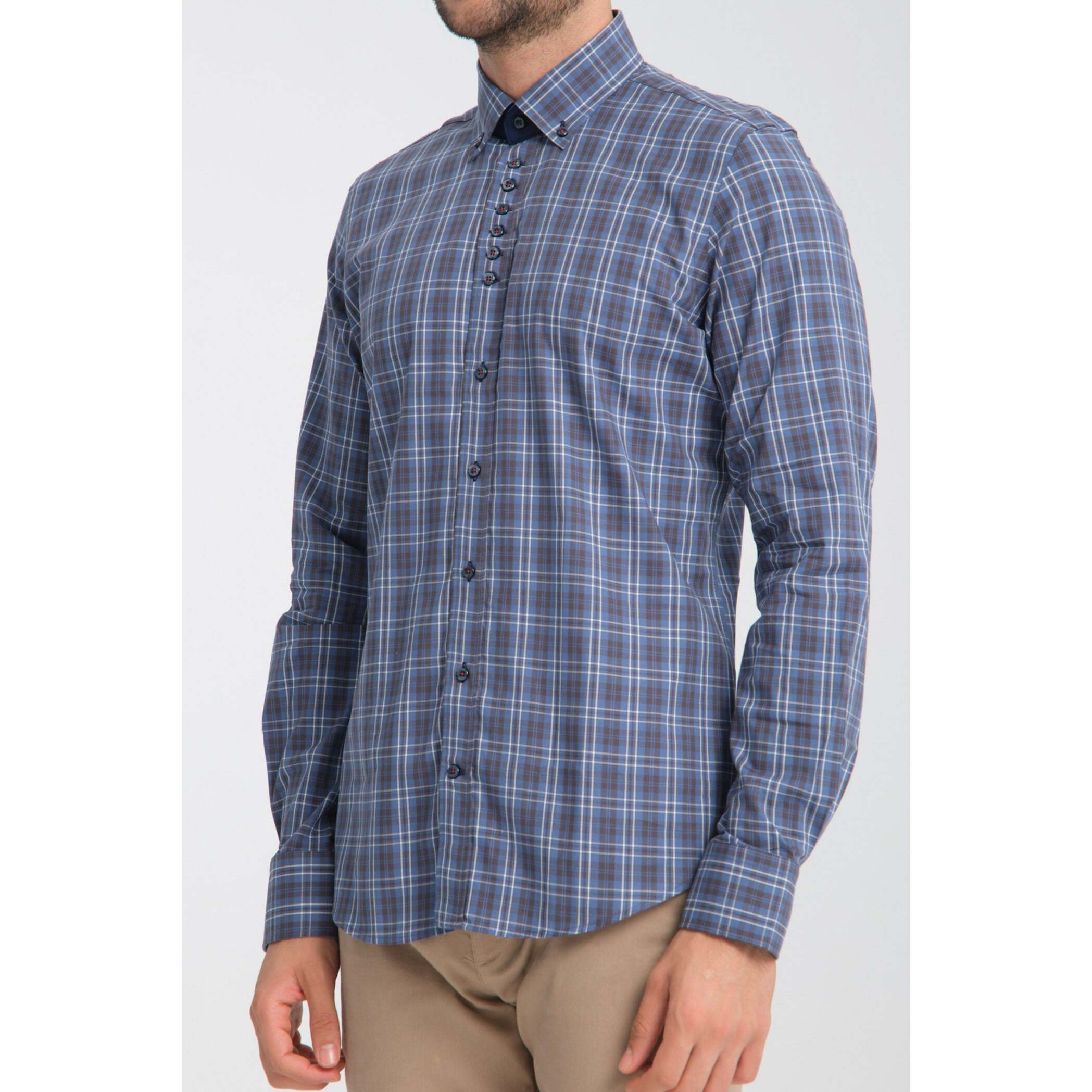 Camicia Uomo 1 Bottoni Button Down Slim Oxford Quadro Medio Blu/Blu Avion