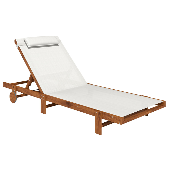 Tumbona Reclinable de Madera con Ruedas Tumbona Jardín Exterior con Respaldo Ajustable en 4 Niveles y Reposacabezas Carga 120 kg para Patio Terraza Balcón 200x84x101 cm Blanca y Teca