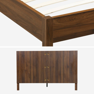 Lit avec sommier à lattes et tête de lit 140x190cm décor bois LINEAR